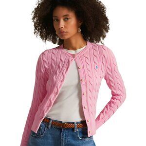 POLO Ralph Lauren Pink Cardigan Cable Knit Sweater Rib Knit Crew Neck Size XXL